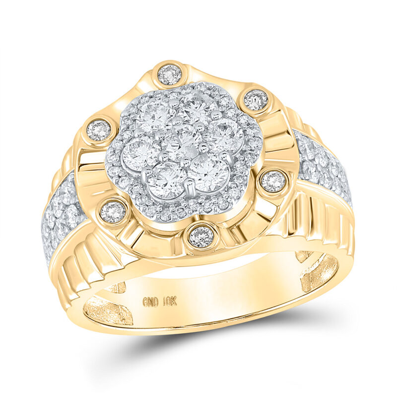 10kt Yellow Gold Mens Round Diamond Flower Cluster Ring 1-1/2 Cttw ...
