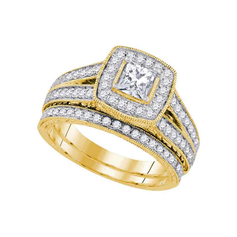 14kt Yellow Gold Diamond Princess Halo Bridal Wedding Ring Band Set 1-1 ...